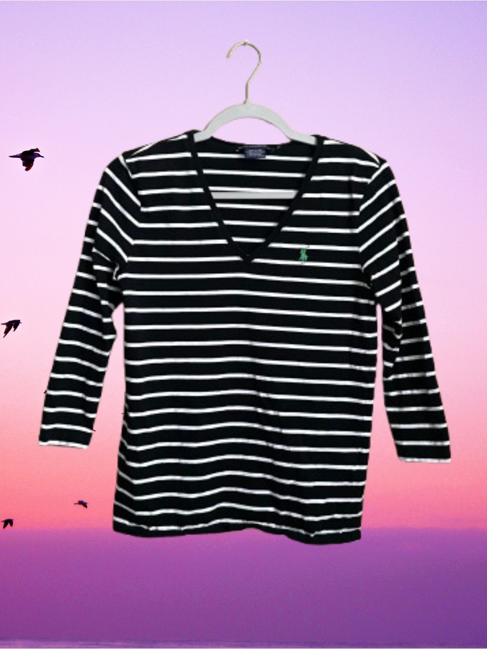 Ralph Lauren Sport striped 3/4 sleeve v-neck top green horse sz Medium